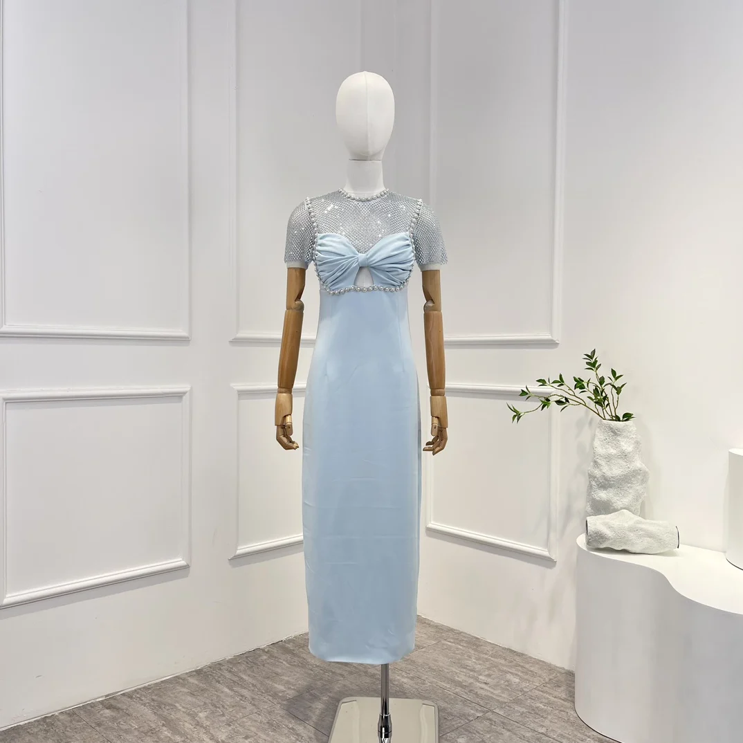 

Luxury 2023 New Blue Beach Style Spring Summer High Quality Diamonds Bow Spliced Slim Short Sleeve Woman Dress for Party