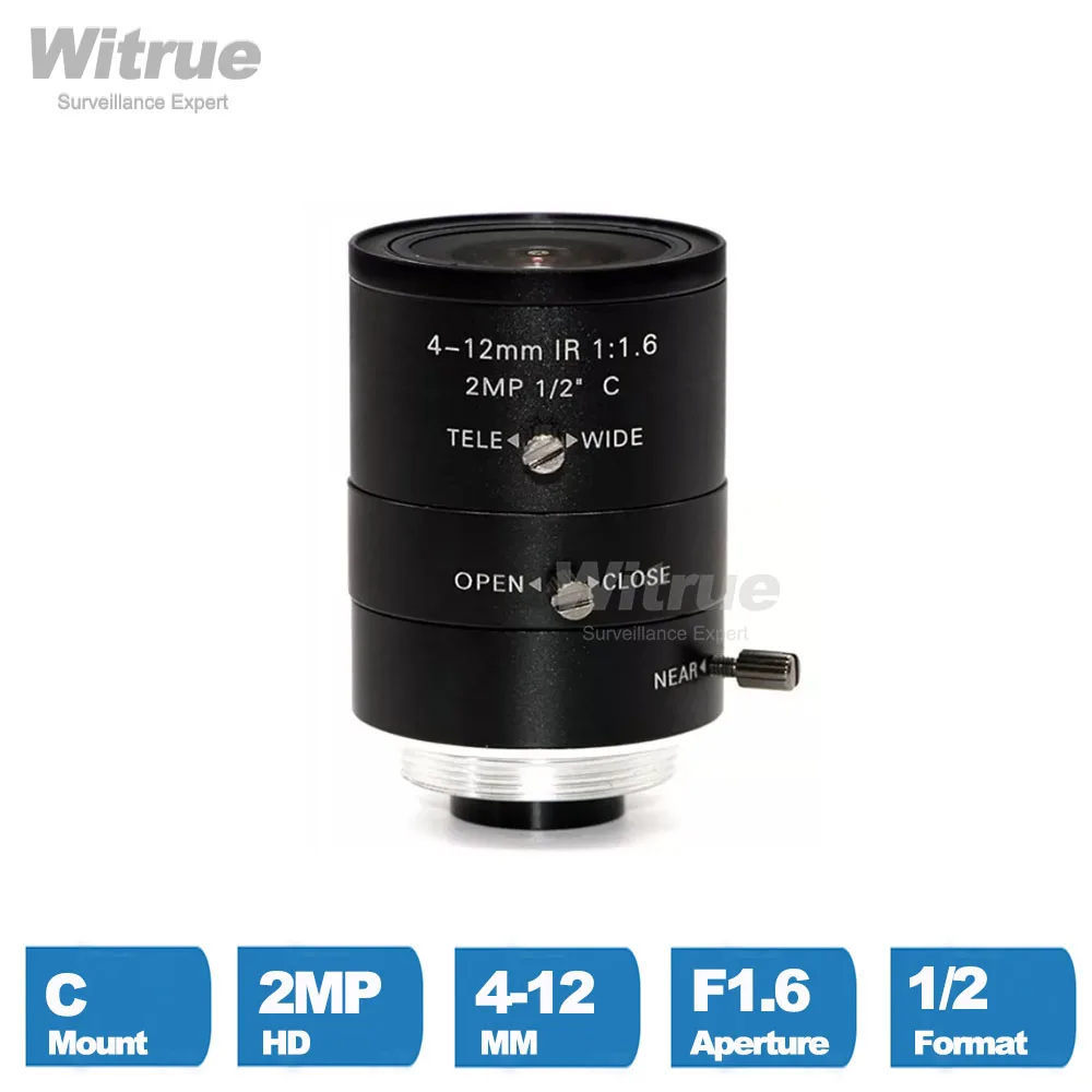 Фото Witrue HD 2MP объектив для видеонаблюдения с креплением C, варифокальный, 4-12 мм, F1.6, 1/2 дюйма, для камер безопасности №1