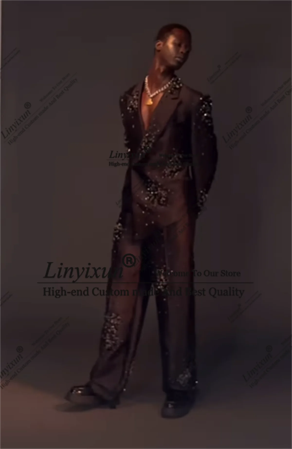 Фото Shiny Handsom Men Suits Luxury Beaded Crystal Wedding Groom Tuxedo 2 Pieces  disfraces Male Prom Blazers Slim trajes para hombre №2