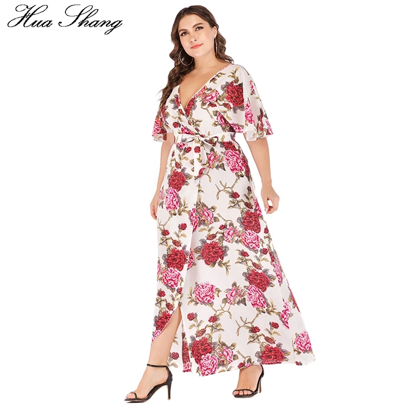 

6XL Big Size Dresses for Women Summer V Neck Short Sleeve Floral Print Boho Dress Long Plus Size Split Sexy Wrap Beach Dress