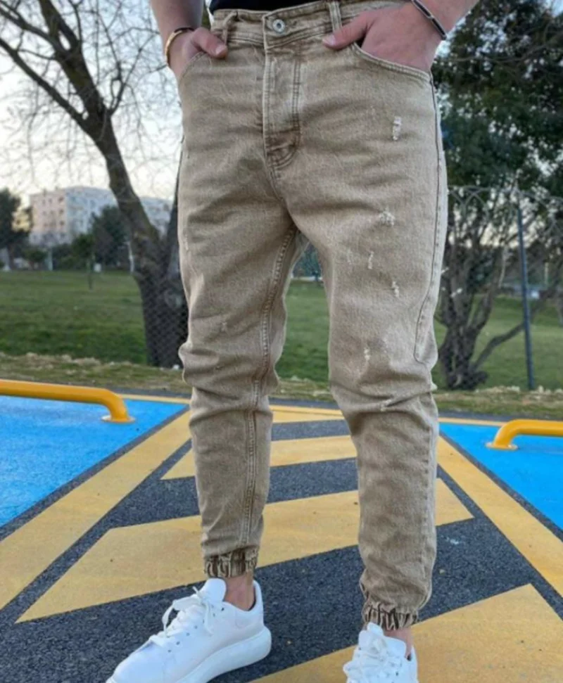 New Denim Mens Pants with Holes Trendy Color Slimming Leggings Jeans for Men