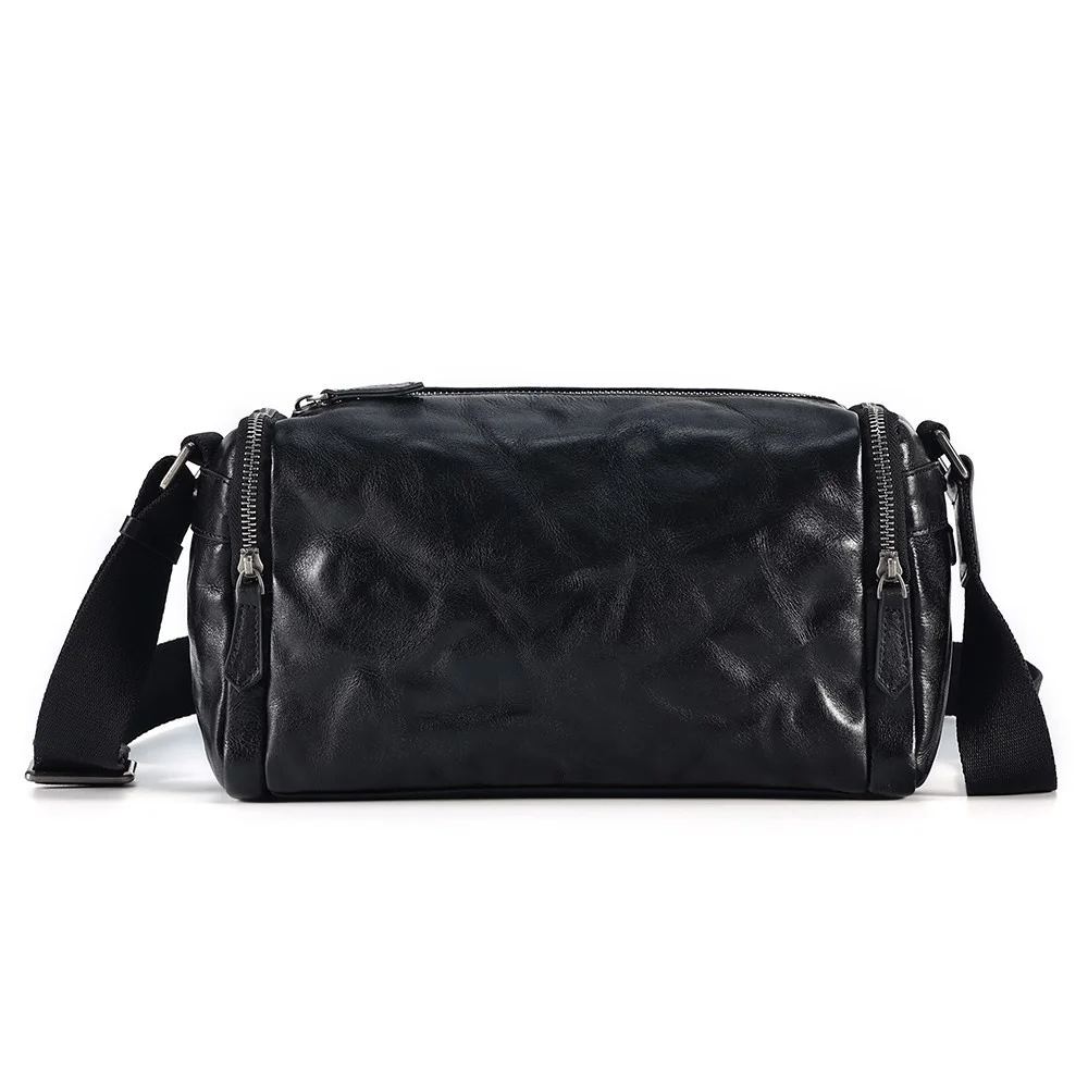 

Genuine Leather Small Mens Crossbody Bag Fashion Cylinder Shoulder Messenger Satchel Bag Handbag Travel for Work Business