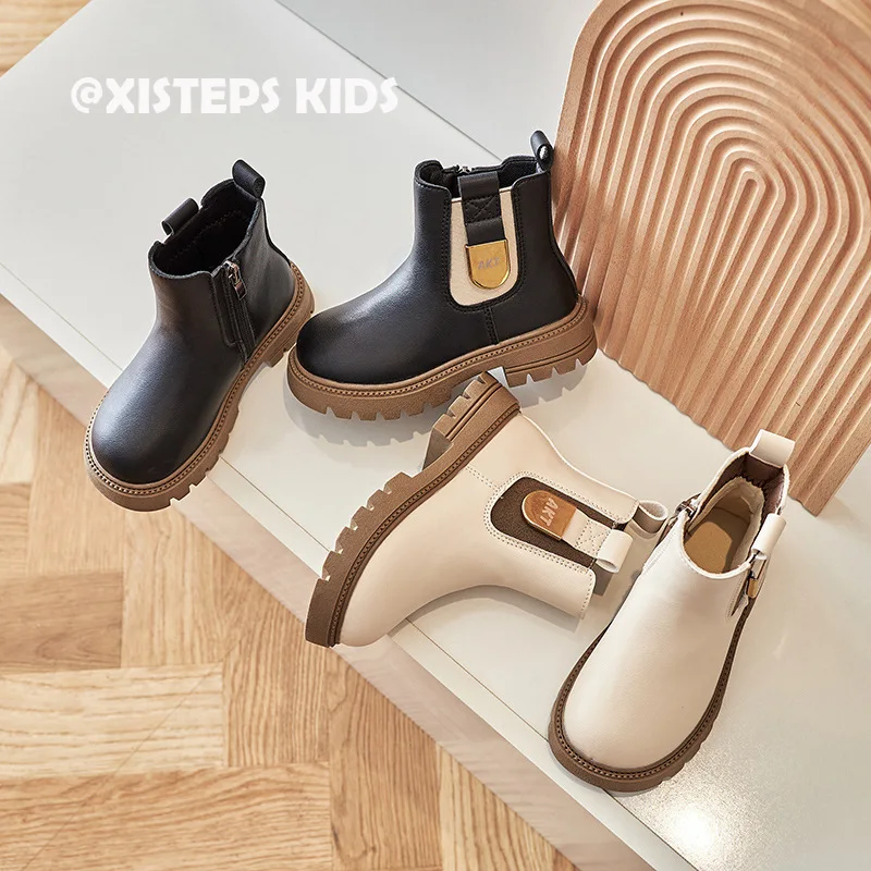 

Осень-зима 2023, кожаные ботильоны для детей, ботинки для мальчиков и девочек, модные Нескользящие черные и Бежевые ботинки для малышей