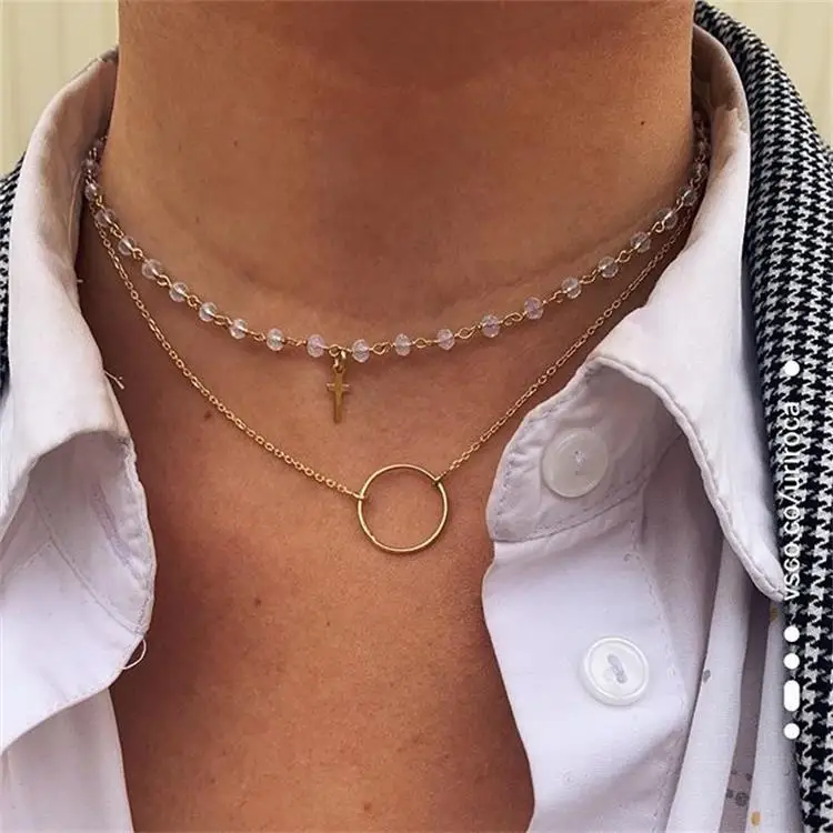 

Fashion double-layer bead chain hollow simple small bead chain metal circle pendant collarbone necklace jewelry gift female