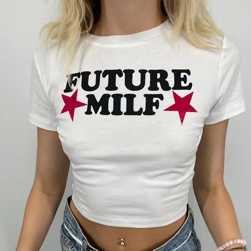 

Letter Printed T-Shirts Crop Top y2k Short Sleeve Korean Harajuku Tee Chic Pullovers T-Shirts Women 00s Aesthetic Streetwear