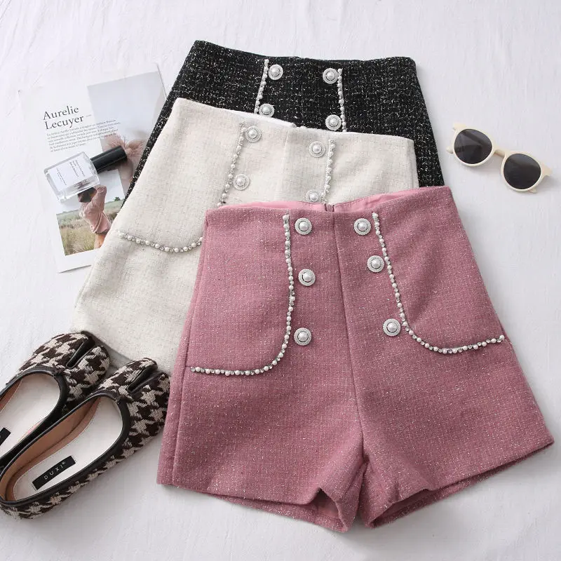 

2022 Autumn Winter Office Lady Woolen Shorts Women High Waist Double Casual Shorts Straight A Line Wide Leg Trousers J16