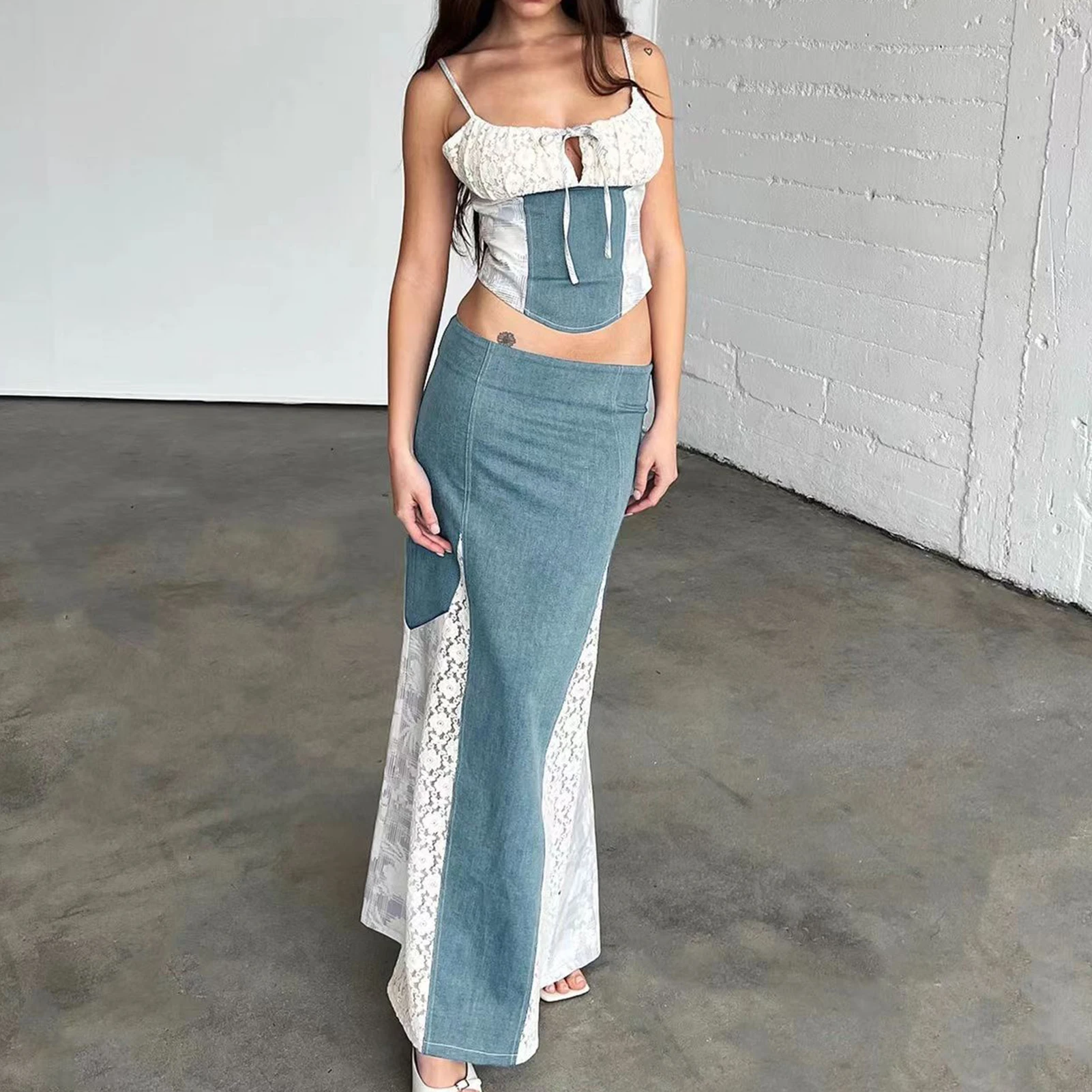 

Women Sling Vest+Long Skirt Lace Denim Stitching Y2K Split Maxi Skirts Set 2pcs Sleeveless Backless Slim Fit Fashion Outfits