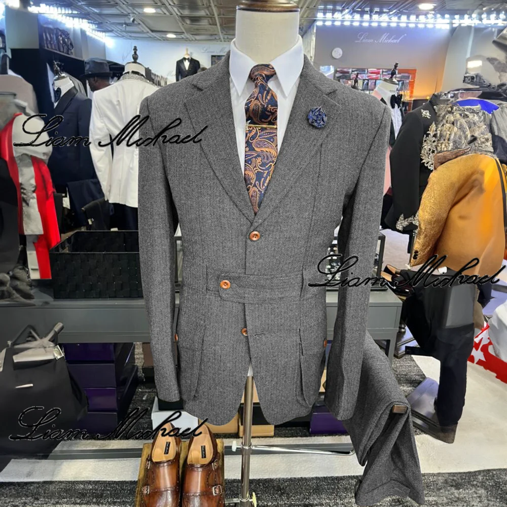 Мужской винтажный костюм из 2 предметов пиджак в елочку брюки деловая офисная