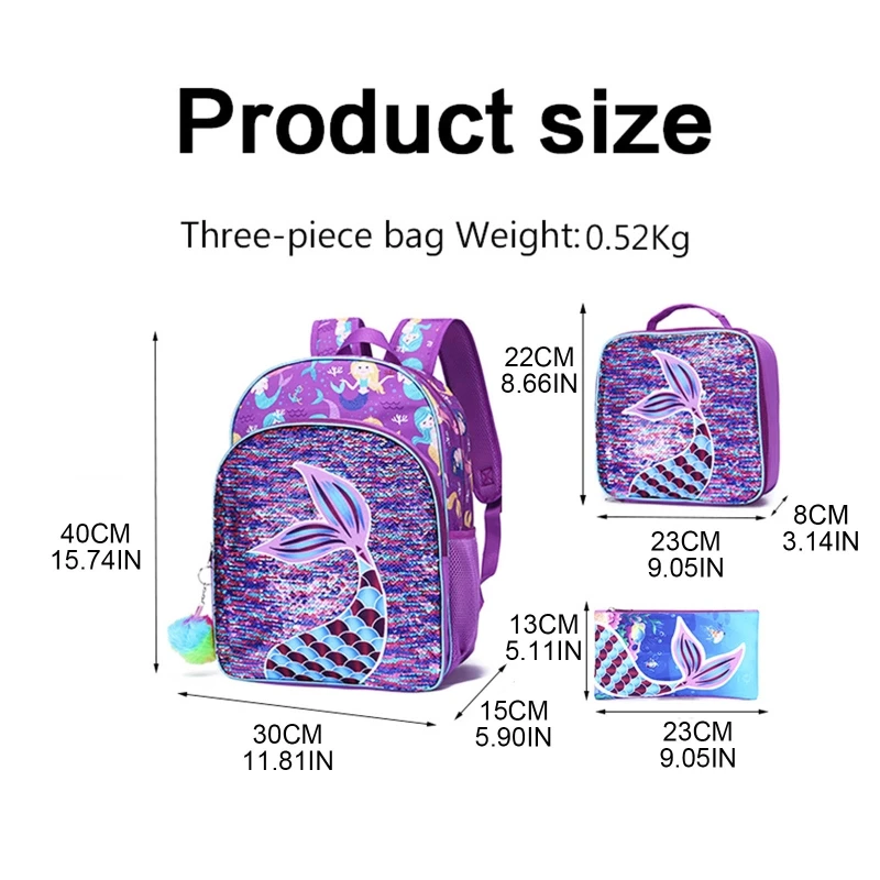 Cartoon Sequin School Backpack with Lunch Bag Pencil Cases for Student Boys Girls Casual Preschool Bookbag