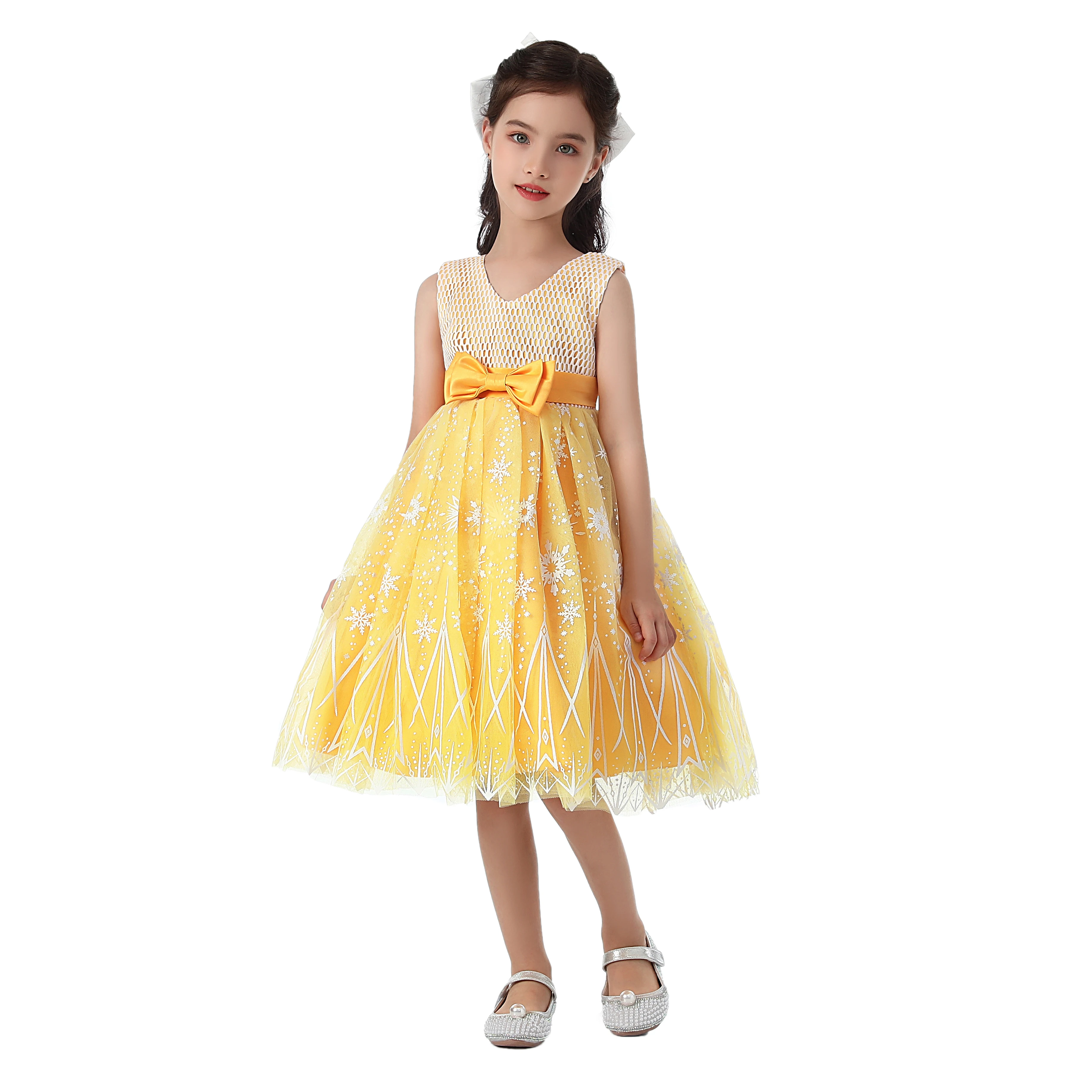 

2022 Summer Children's New V-neck Dress Girls Snowflake Print Bow Princess Birthday Party Party Costume Show Dress