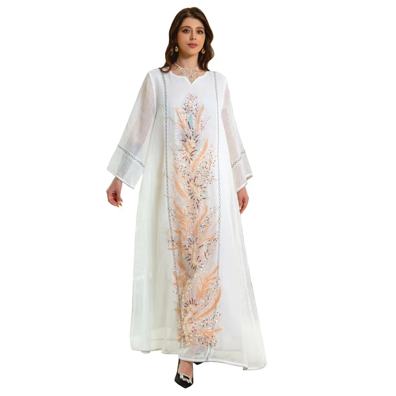 Elegant Casual Floral Embroidery Sequins Beading Long Dress Eid Mubarak Kaftan Dubai Abaya Turkey Muslim Prom Dresses