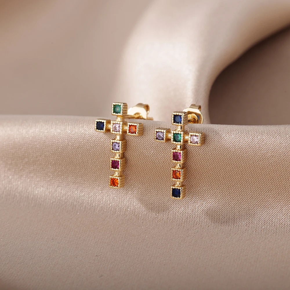 

Fashion Colorful Zircon Cross Earrings For Women Dripping Oil Cute Stud Earring Girls Birthday Party Jewelry Pendientes Mujer