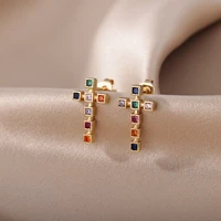 fashion colorful zircon cross earrings for women dripping oil cute stud earring girls birthday party jewelry pendientes mujer