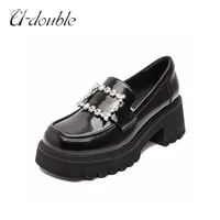 u double brand women genuine leather pumps loafers shoes platform slip on square buckle shiny thick sole sweet college student