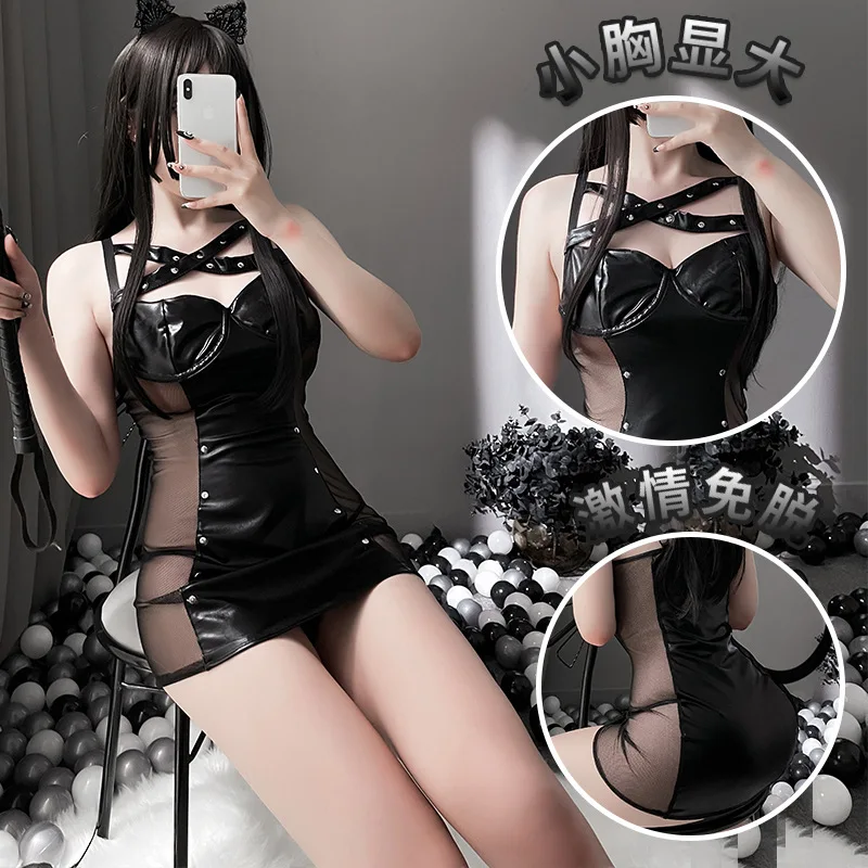 

Erotic Lingerie European and American Style Patent Leather Pole Dance Skirt Sexy Uniform Temptation Sao Erotic Suit Large Size