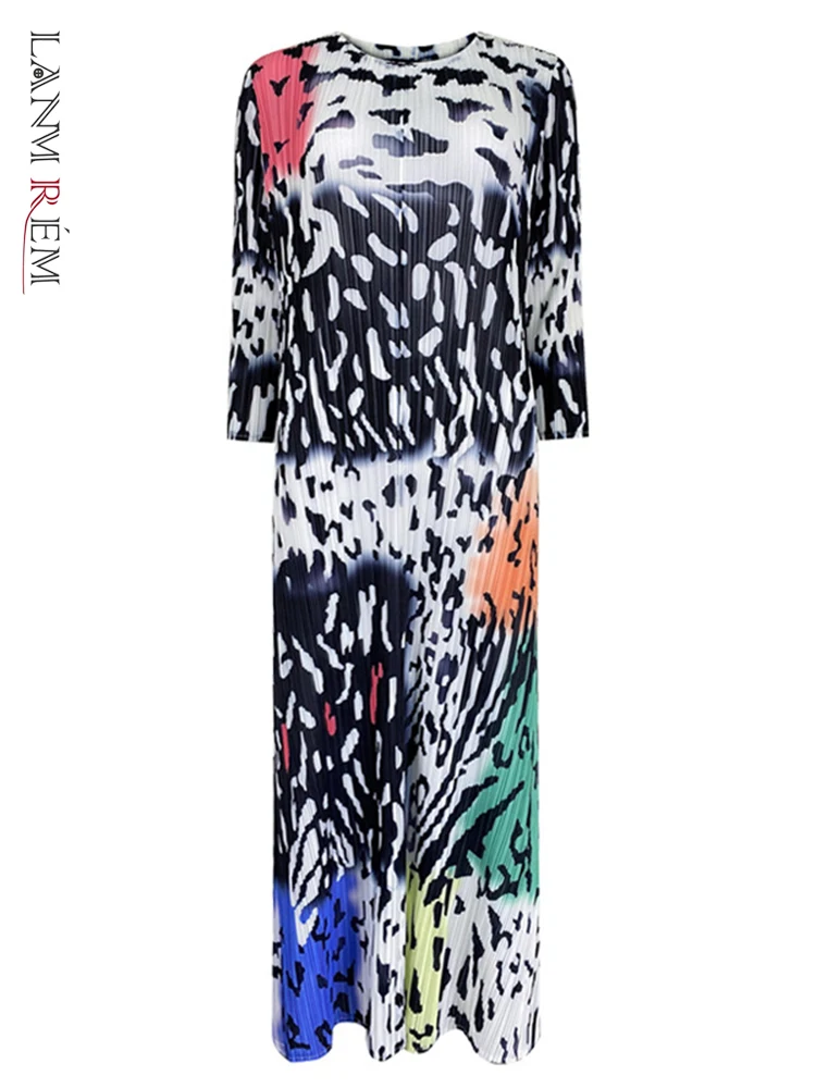 

LANMREM Printing Pleated Dress For Women Round Neck Contrast Color Loose Female Elegant Long Dresses Fashion Clothes 2M435