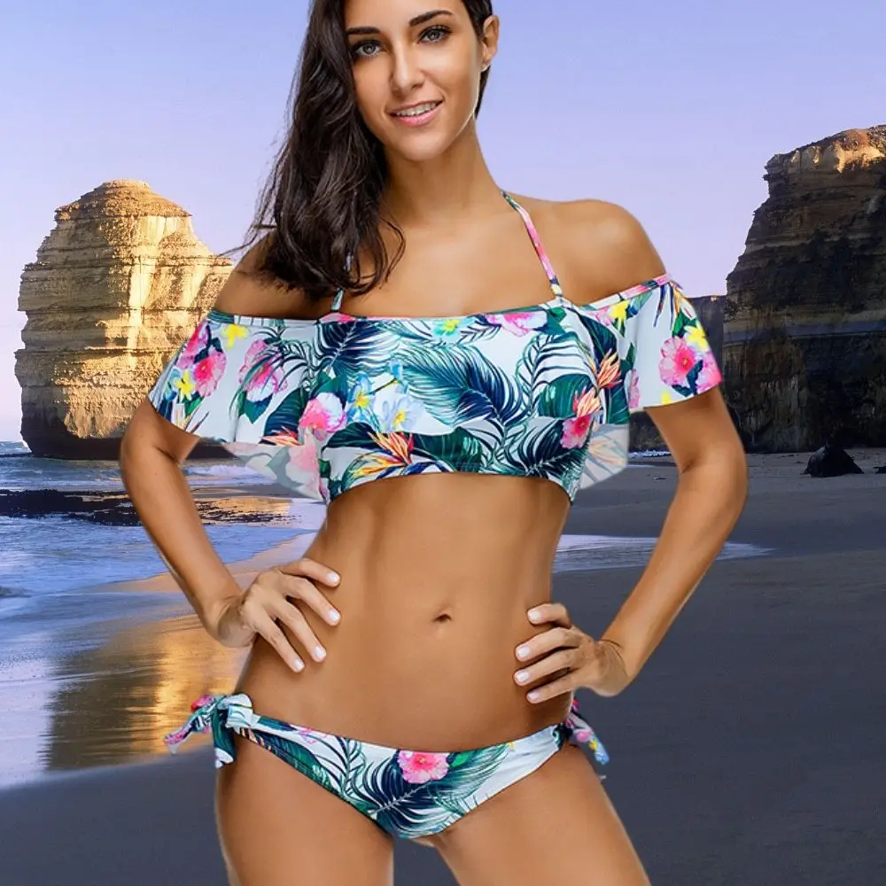 For Whole Women Tropical Leaves Bikini 2 Pieces Flounce Halter Beachwear Sexy Low Waist Bow Tie Sweet Summer Swimwear