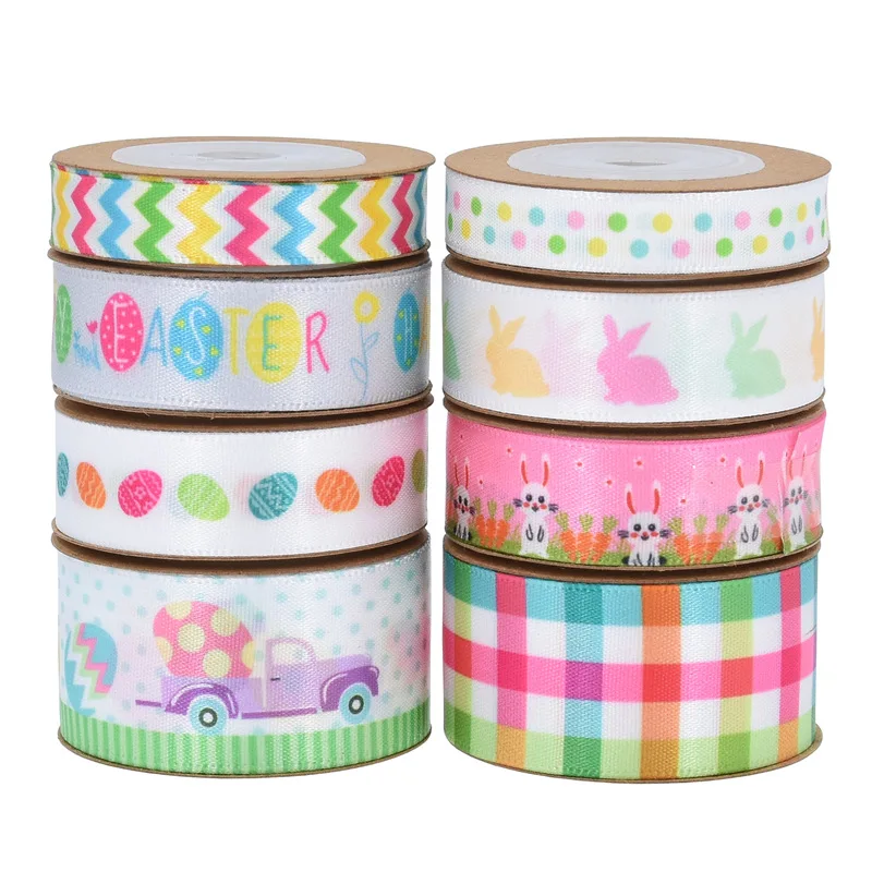 

A Variety of 10 Yards New Easter Printed Egg Ribbon Gift Packaging Plaid with Rabbit Radish Decorative Ribbon