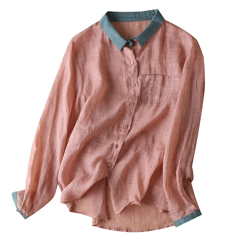 

Ramie Women-blouses Long Sleeve Shirt Women Peter Pan Collar Chinese Style Solid Single Breasted Women Shirts Blouses