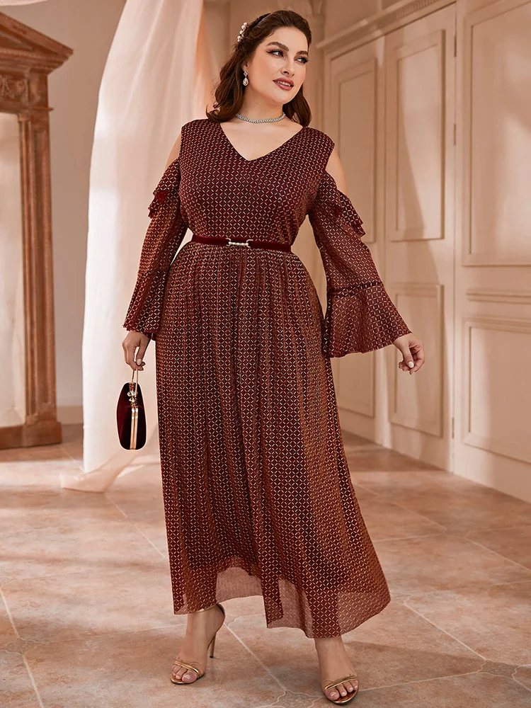 

Plus Size 4XL for Women Dress Elegant Long sleeve V-neck polyester Clothing 2023 pagoda sleeve Cocktail Evening Party Dresses