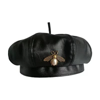 vintage brand bee brand fashion black pu leather beret hat women cap female ladies beanie beret girls for spring and autumn