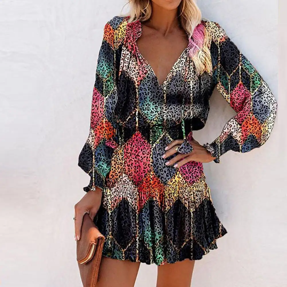 

Mini Dress Charming Colorful Floral Print Ruffle Hem Party Dress Breathable Short Dress