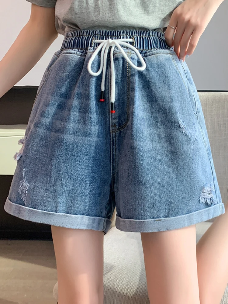 New Summer Women Wide Leg Elastic Waist Lace Up Blue Denim Shorts Streetwear Female Straight Jeans Shorts Bottoms