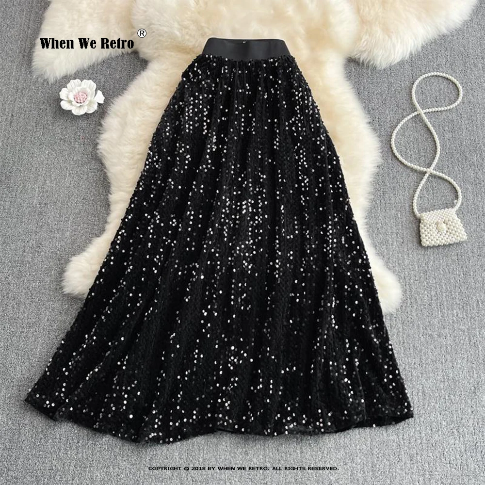 

Ins Sequin Skirts Shinny Colorful A Line High Waist Elastic Long Skirt 2 Color Aesthetic Chic Jupe Femme Party Beach Falda RS024