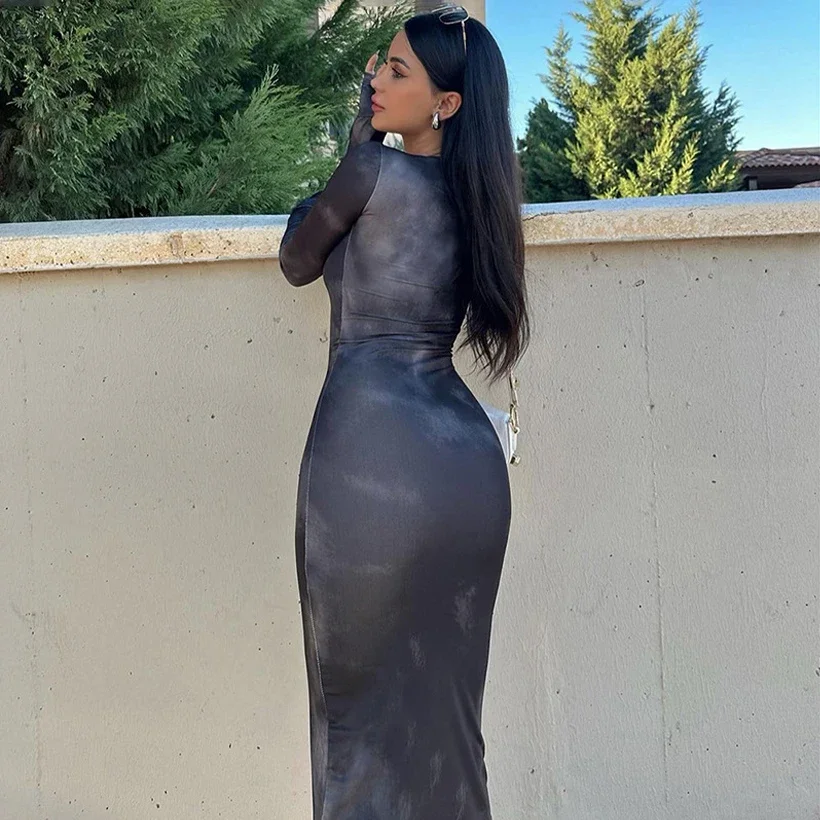 Осенне-зимнее платье с длинными рукавами Tie Dye женское облегающее длинное