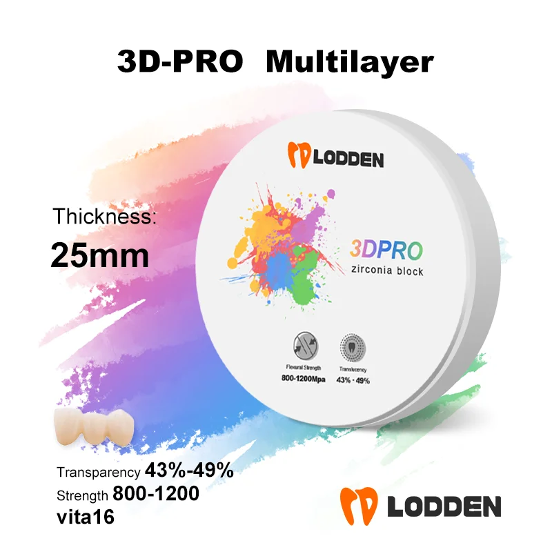 

Dental Lab Zirconia Block 3D-PRO Multilayer 98*25mm Transparency43-49% Strength 800-1200 vita16 CAD CAM roland milling machine