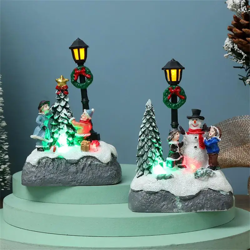 

Christmas Village Scene Xmas Tree Snowman Resin Ornament With LED Light Figurine Holiday Desktop Miniature Statue Decoration