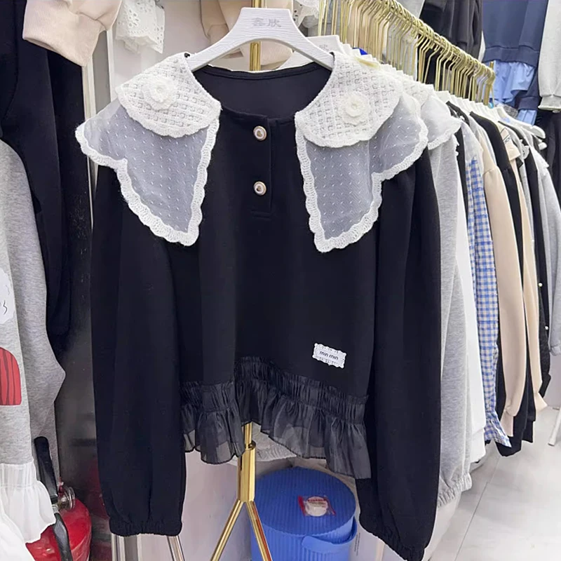 Весенне-осенние женские винтажные черные лоскутные блузки с оборками топы Mujer