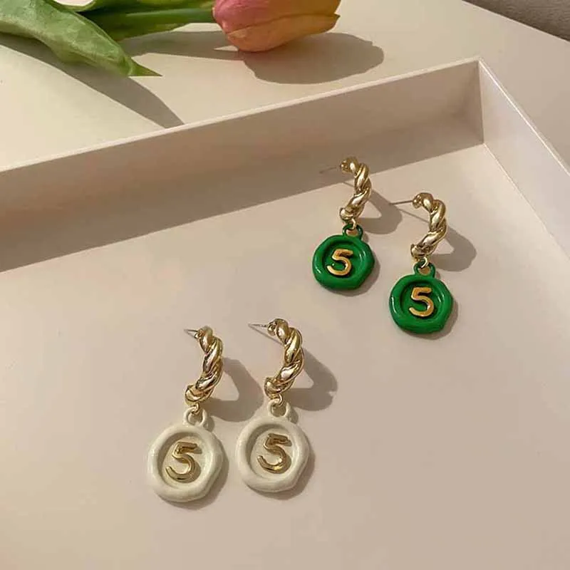 

Fashion Number 5 Earrings Gold Color White Green Female 2021 High Quality Light Luxury Earrings Wedding Accessories