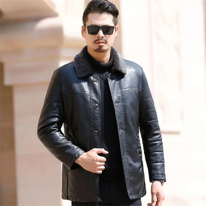 

Autumn winter motorcycle leather jacket men Remove liner thicken plus cotton mens leather jackets Single-breasted coats B362
