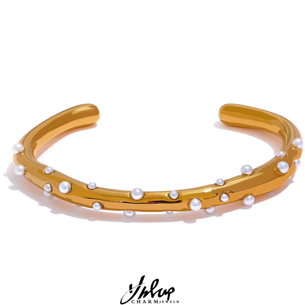 

Yhpup Elegant Imitation Pearls Stainless Steel 18k Gold Open Cuff Bracelet Bangle for Women Fashion Texture Charm Jewelry Bijoux