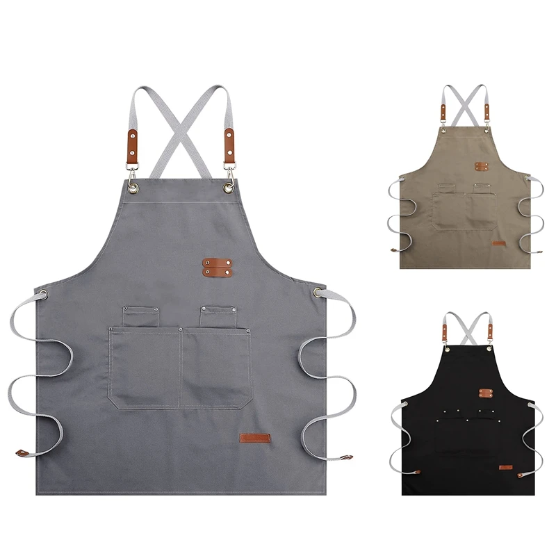 

Фартук шеф-повара с перекрестной спинкой для мужчин и женщин, кухонные фартуки с регулируемыми ремешками и большими карманами для барбекю и...