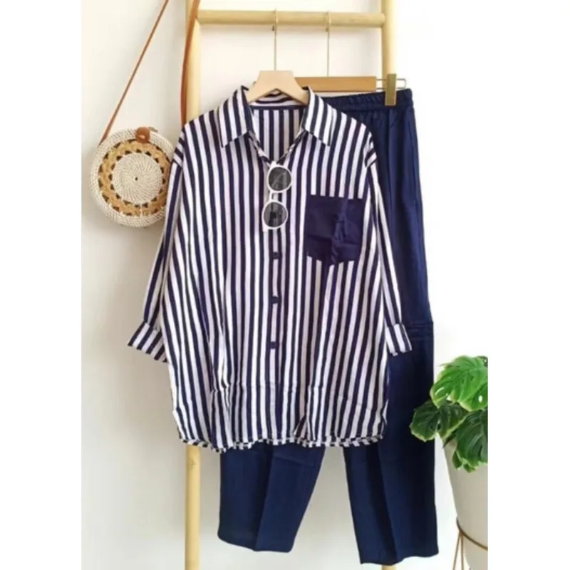 

2 Piece Set Women Striped Suits Summer Vintage Pockets Blouse Long Sleeve Shirts Suit Casual Trendy Solid Wide Leg Pants Outfits