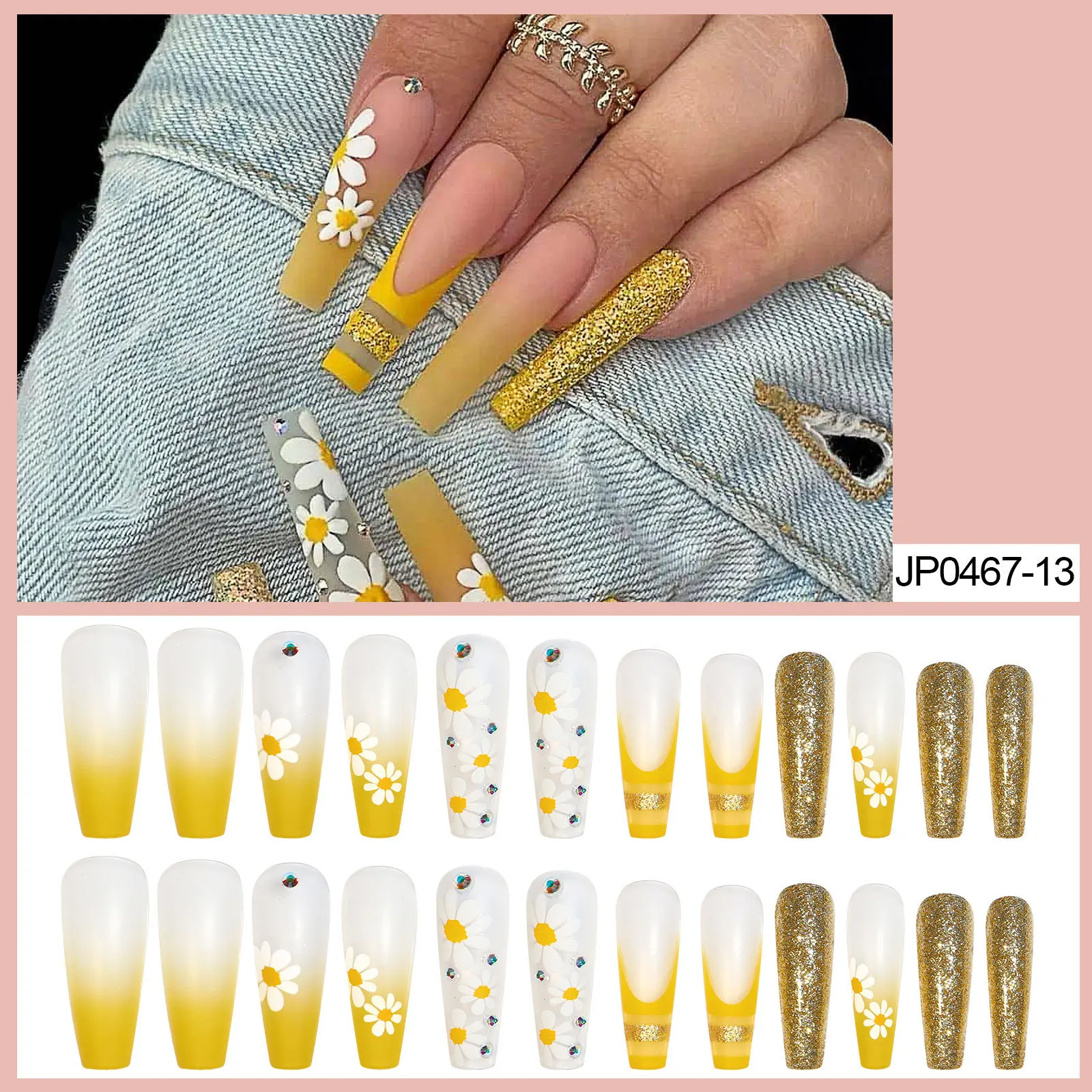 

24Pcs/Box Charming Yellow Flower Ballet Wearable Fake Nails press on Square Head Full Cover Detachable Finished Fingernails