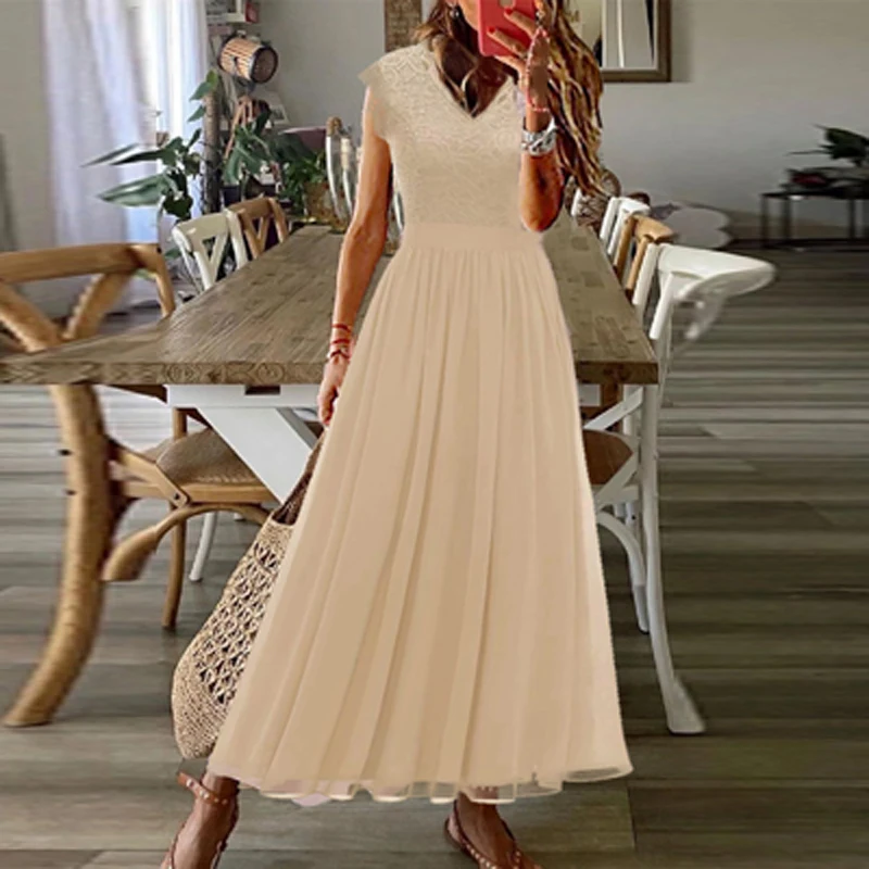 

Summer Sleeveless High Waisted Patchwork Lace Dress 2022 Solid Pleated Maxi Dress Women Fashion V Neck Embroidery Dress Female