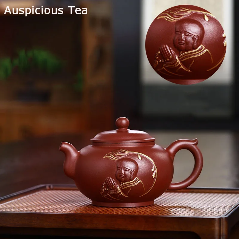 

300ml Authentic Yixing Raw Ore Peony Red Purple Clay Teapot Famous Hand Carved Monk Chinese Kung Fu Tea Set Household Drinkware