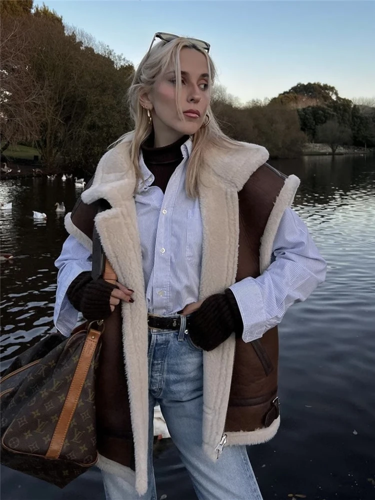 KEYANKETIAN Women's Heavy suede lamb coat Winter new dark brown zipper short faux leather waistcoat thermal vest