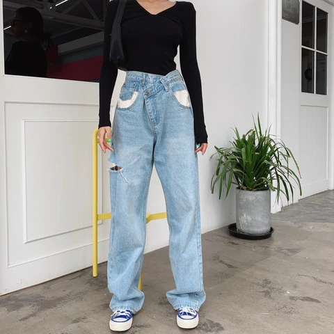 Vintage Asymmetrical Waist Hole Straight Women's Jeans Loose Denim Pants Casual Wide Pants Streetwear High Waist Jeans For Women