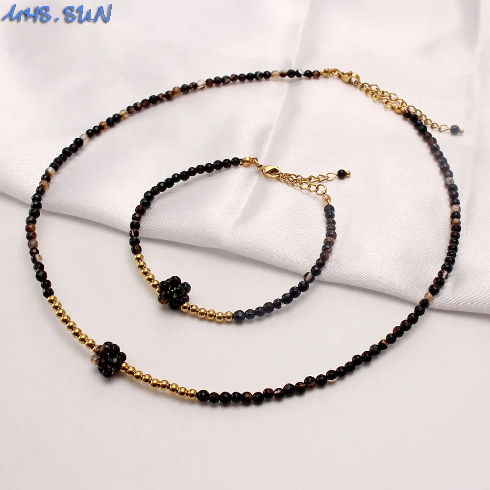 

MHS.SUN Bohemia Style Black Onyx Necklace Bracelet Vintage Natural Stone Fashion Jewelry Set For Women Men Gifts