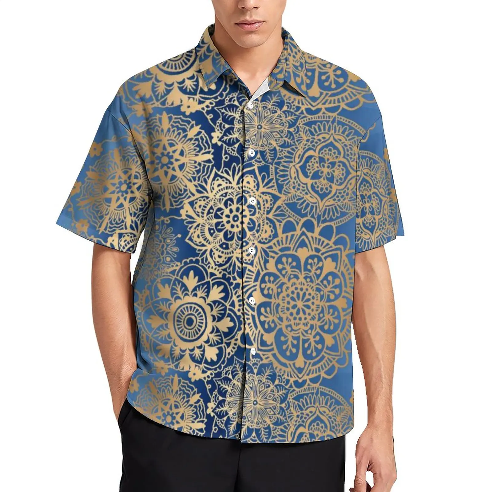 

Vintage Metallic Print Blouses Male Gold Mandala Pattern Casual Shirts Hawaiian Short-Sleeved Graphic Y2K Oversized Beach Shirt