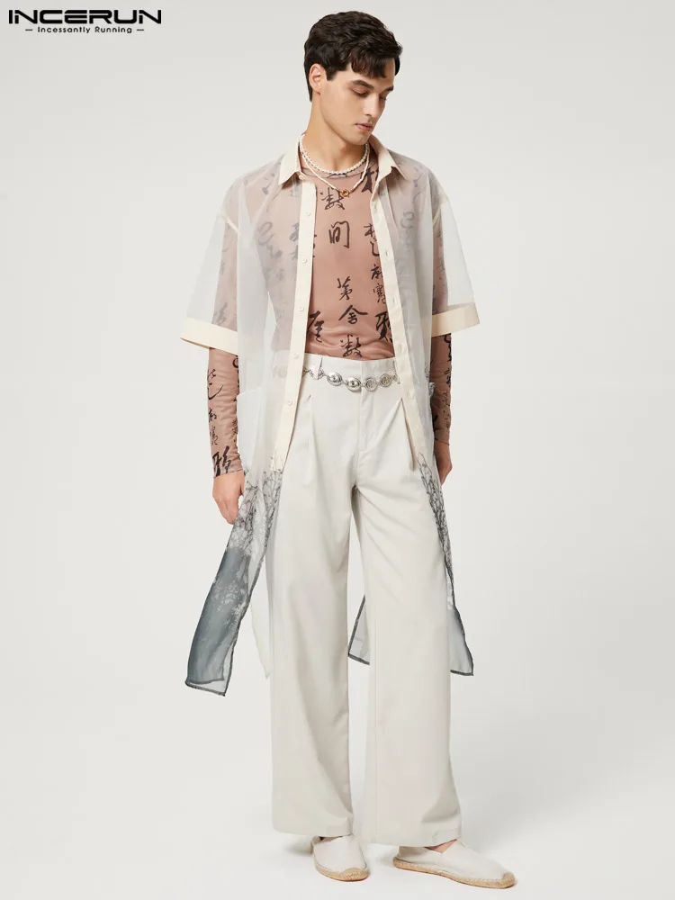 INCERUN Tops 2022 Chinese Style New Men landscape Printing Shirts Casual See-through Short-sleeved Cardigan Buttons Blouse S-5XL