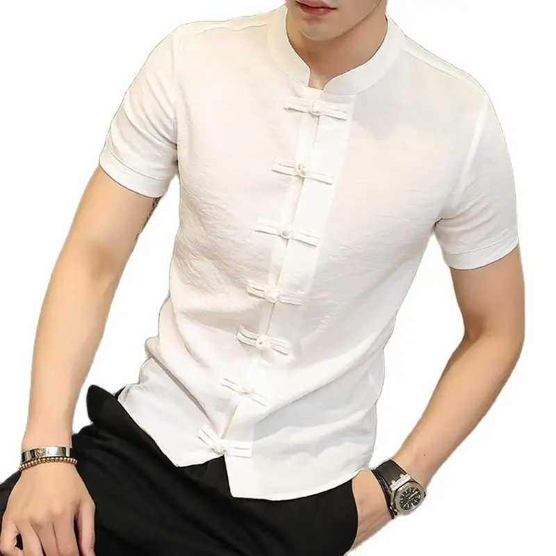 2022 Men's Large Size Linen Shirt Casual Street Wear Short Sleeve Stand Collar Plain Color Shirt Chinese Traditional Clothing5XL