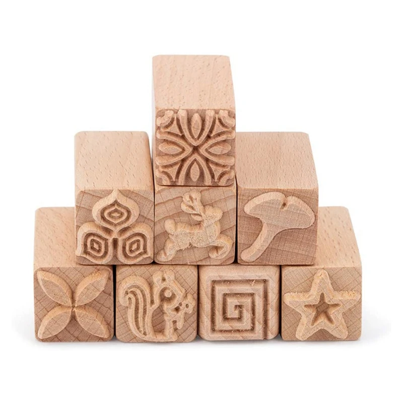

8PCS Wood Pottery Tools Stamps Square Wooden Stamps Natural Wood Stamps With Mixed Patterns For Clay Birthday Gift