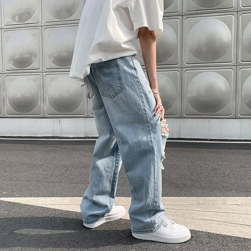 2022New Street Ripped Jeans Male Ins Tide Brand Hip-hop Wide-leg Pants Summer Thin Section Straight Loose Casual Old Pants