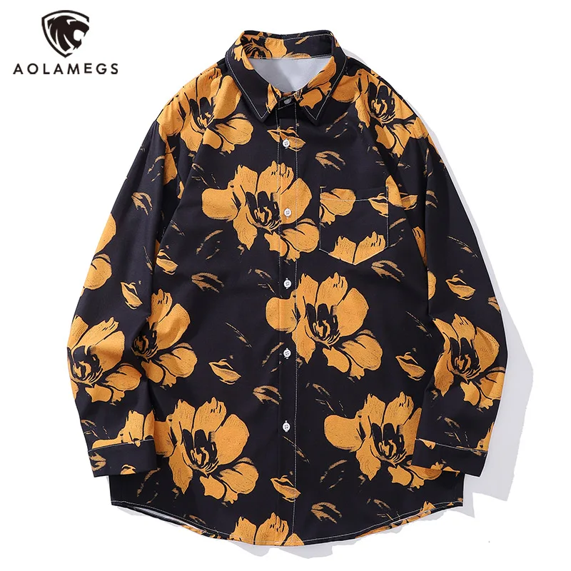 

Vintage Retro Men's Hit Color Flower Graphic Printed Hawaiian Shirts Vacation Style Lapel Long Sleeve Button Shirt Men and Women