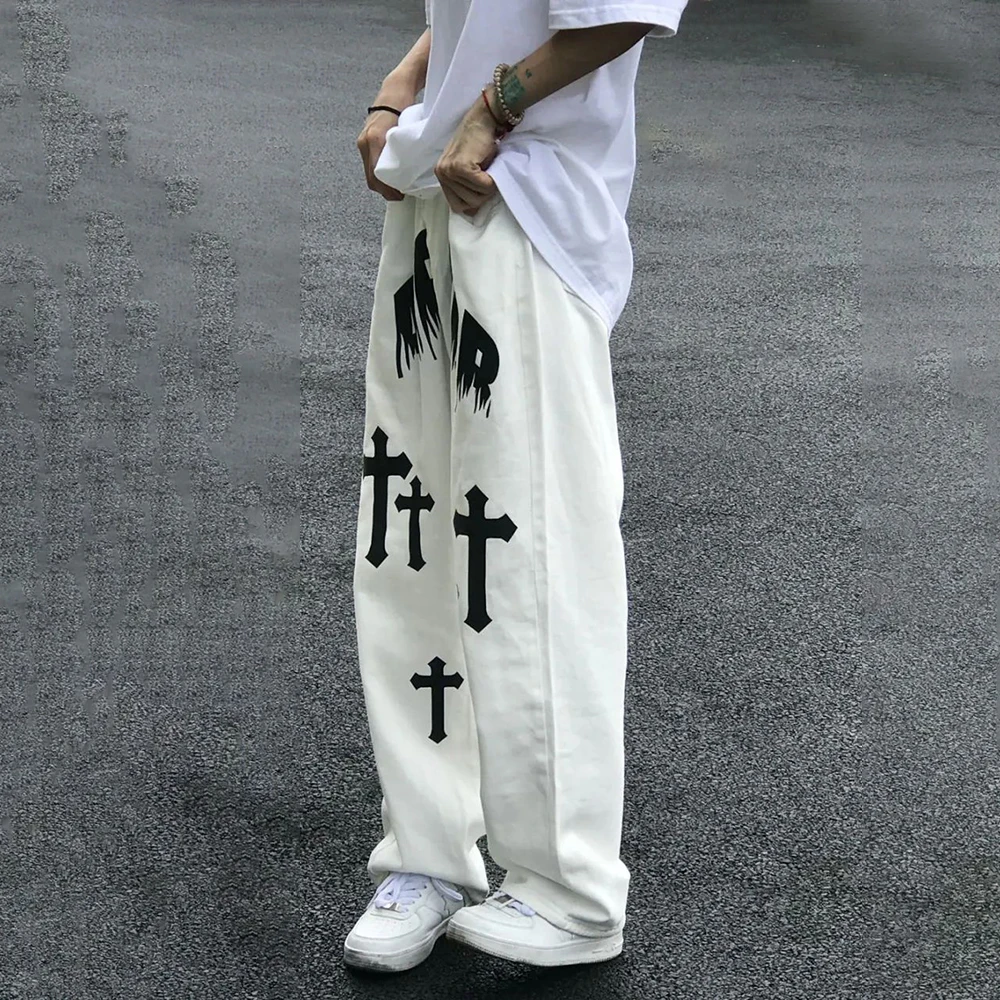 American Style Washed Jeans Men's Trendy Brand Straight Pants White Loose Casual Pants Street Skateboard Hiphop Neutral Trousers